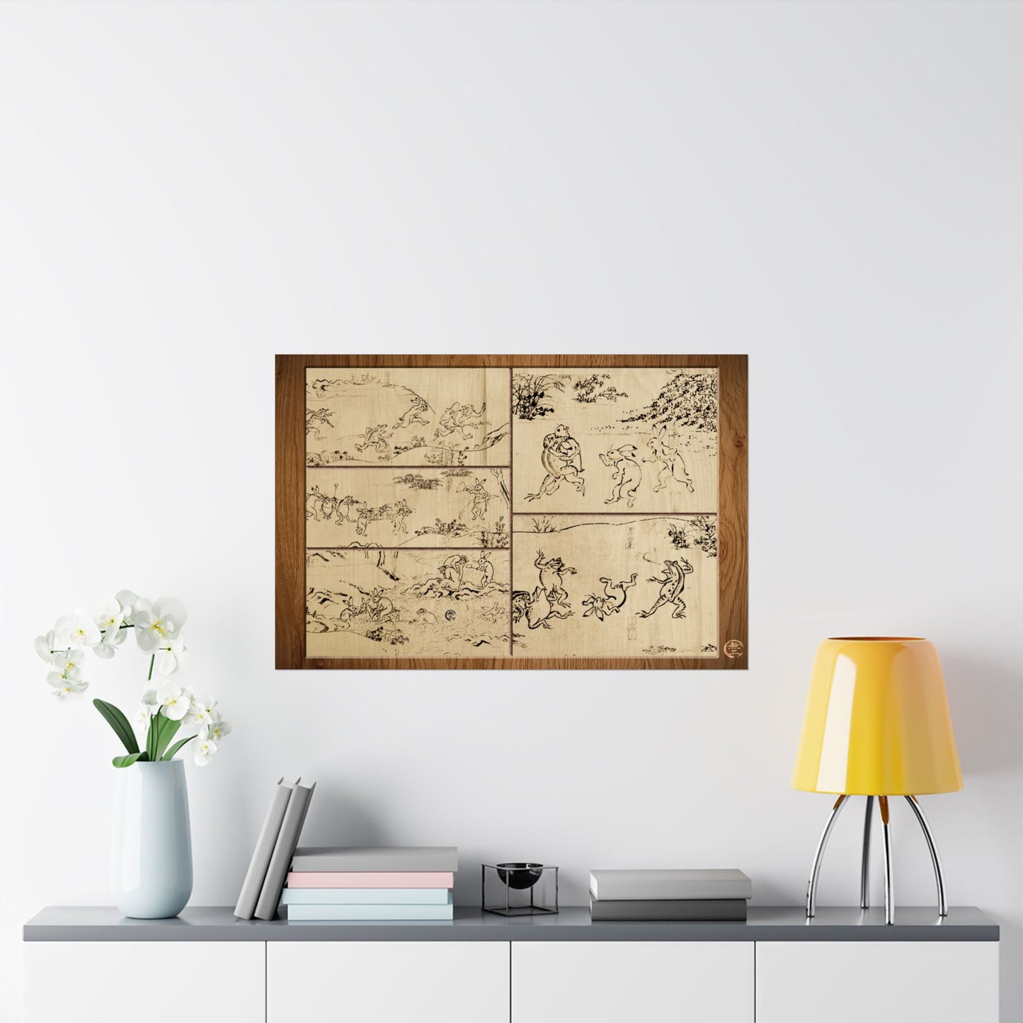 Choju Giga Frogs and Rabbits Woodburn Style Japanese Art Print- -3D Printed Frame Effect Wall Decor Poster | MU-NI Japan